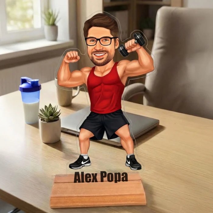 Ultimul model din galerie: statuetă caricatură personalizată cu bază de lemn